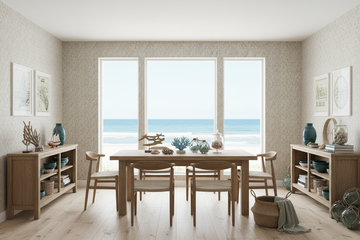 Elegant Fishbones kystinteriør med strandudsigt