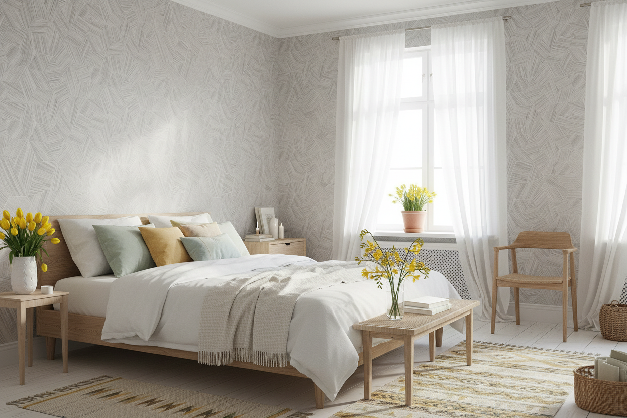 Hexagon Lines forår soveværelse med 3 gule blomster