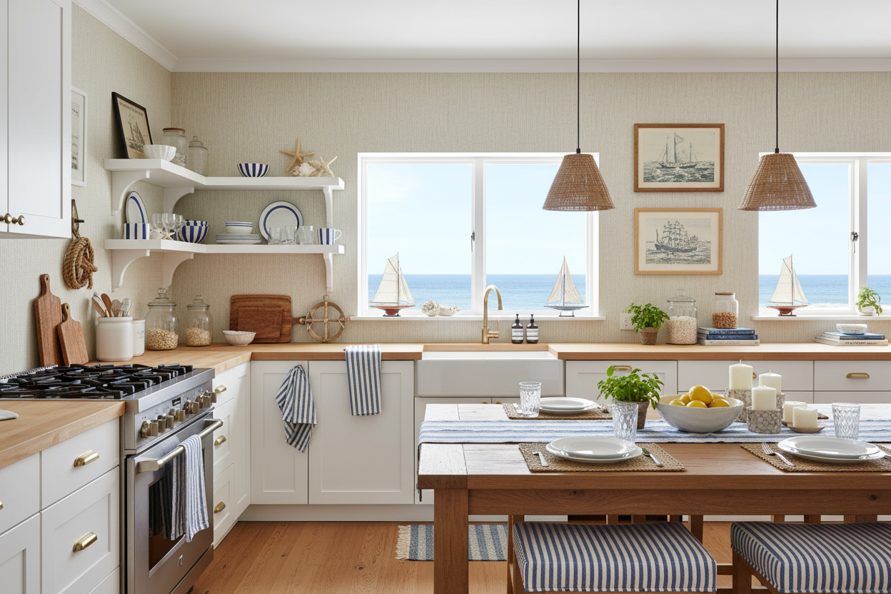 Gentle Grass maritim køkken med blå streger