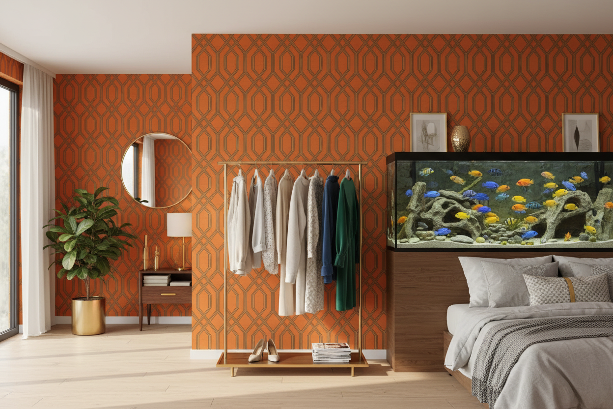 Geometric Pearl 2 med gyldne detaljer tøjstativ og akvarie