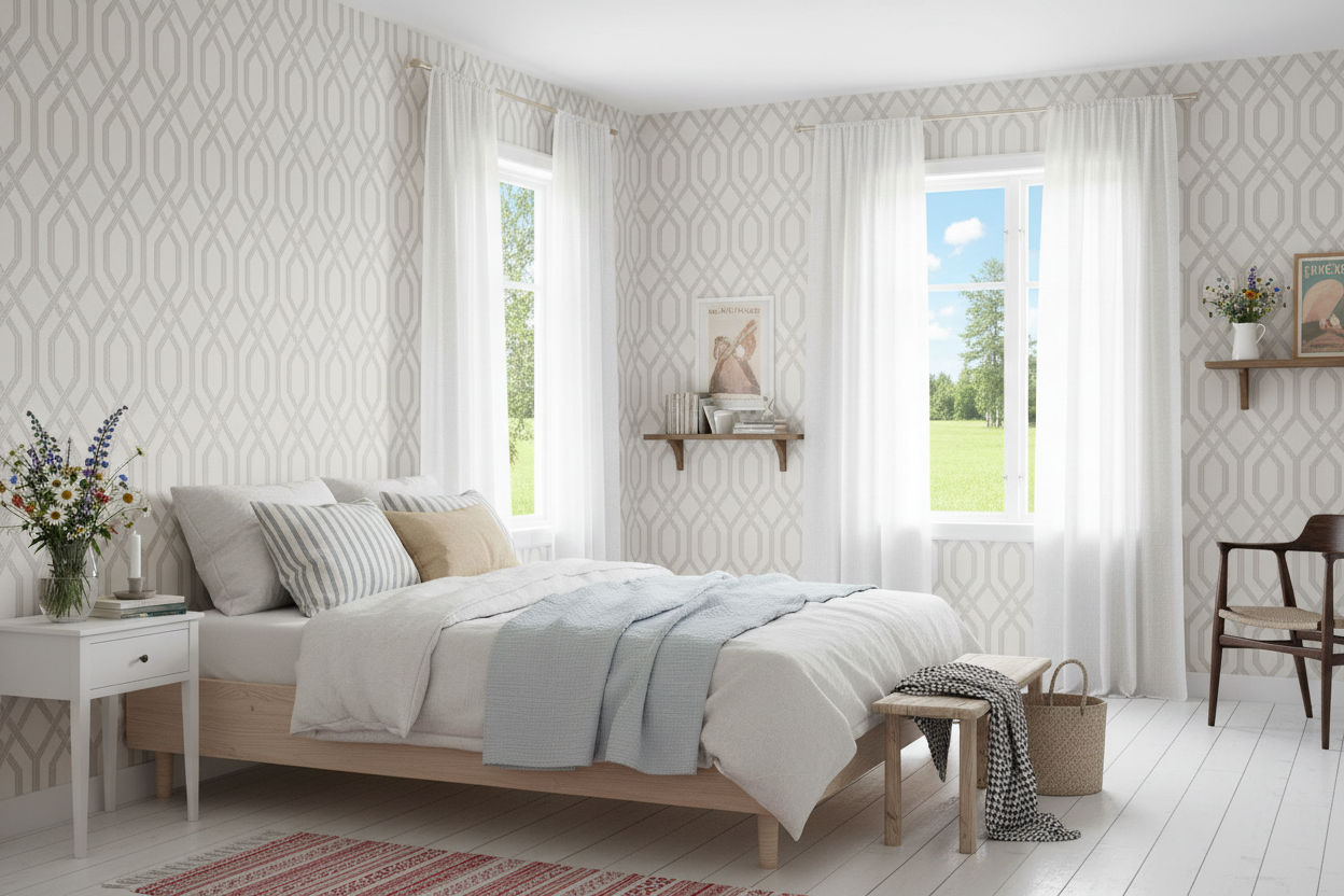 Geometric Pearl svensk sommerhus soveværelse