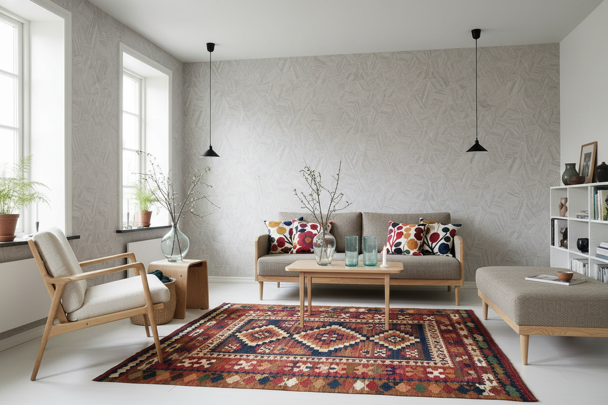 Hexagon Lines med kelimtæppe og finsk design