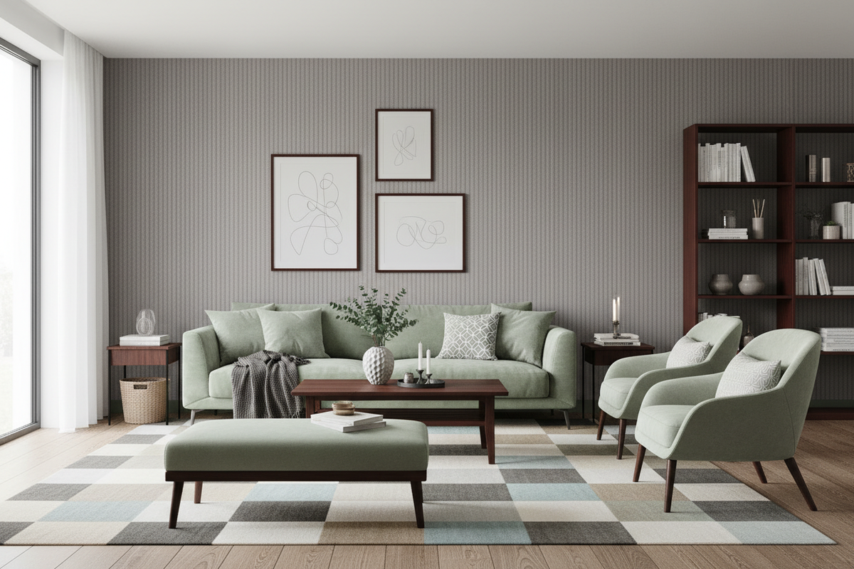 Minimum Braid lysgrønne møbler rektangulært tæppe mørkt træ